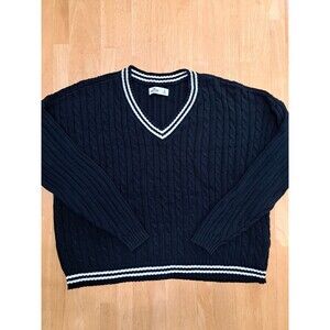 Hollister Black Cable Knit Varsity Sweater V-neck Boxy Women's Size M